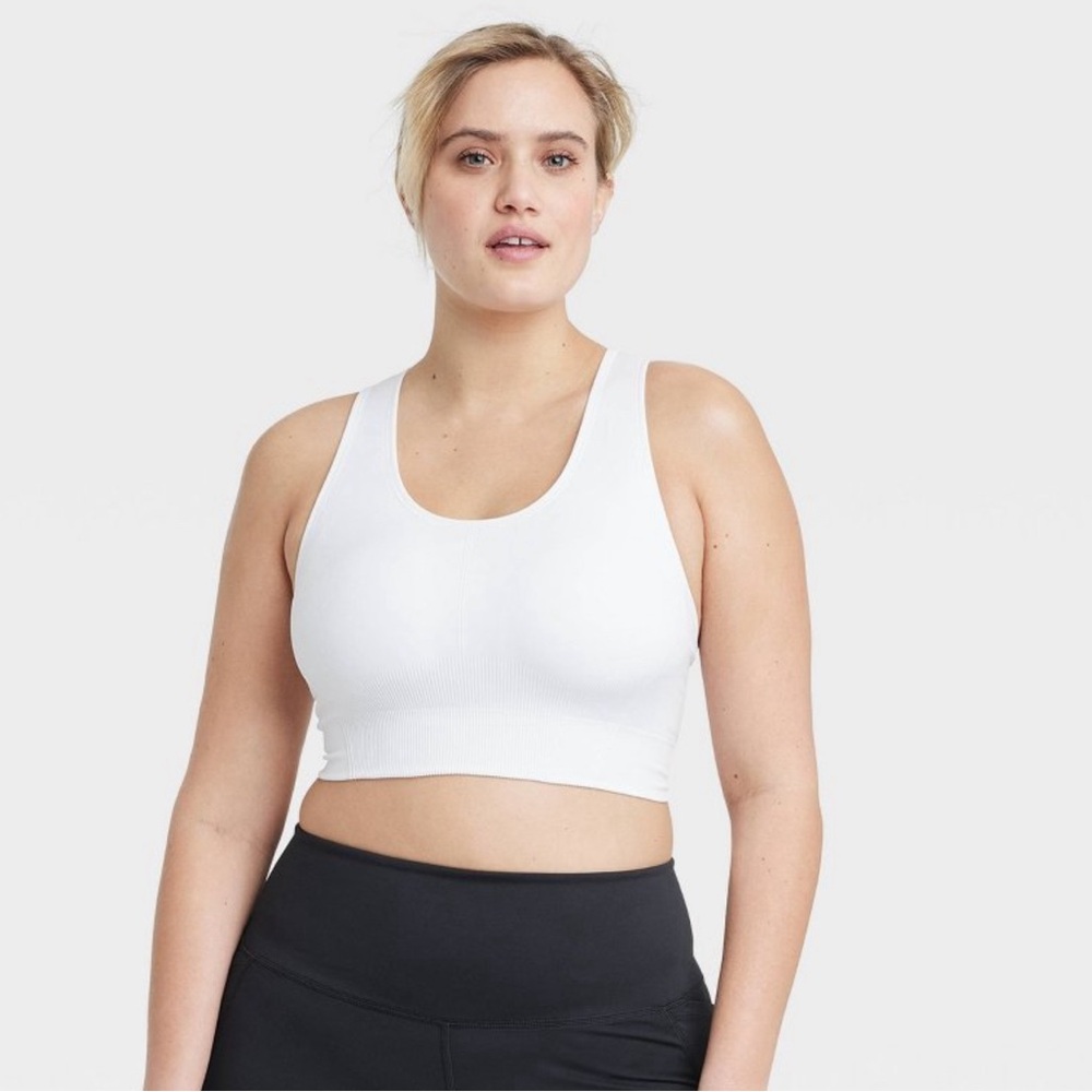 All In Motion Women's Seamless Medium Support Racerback Midline Sports Bra White